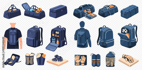 Collection of various sports bags, backpacks, and accessories for active lifestyles and training.