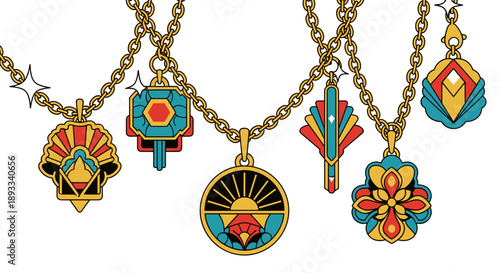 Vibrant rhinestone chain necklaces with geometric pendants isolated on a white background, featuring colorful art deco designs and intricate detailing