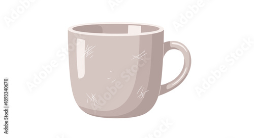 Scratched mug with a glossy finish isolated on a white background, showcasing subtle wear and tear, simple design and a sturdy handle