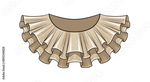 Elegant ruffle neckline illustration, isolated on a white background, showcasing intricate layered fabric design with soft beige tones