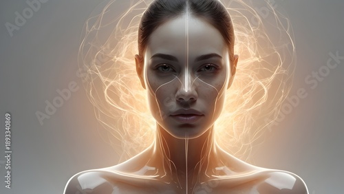 Stunning portrait of a futuristic woman showcasing glowing neural pathways and advanced bio-digital interface analysis across her defined features