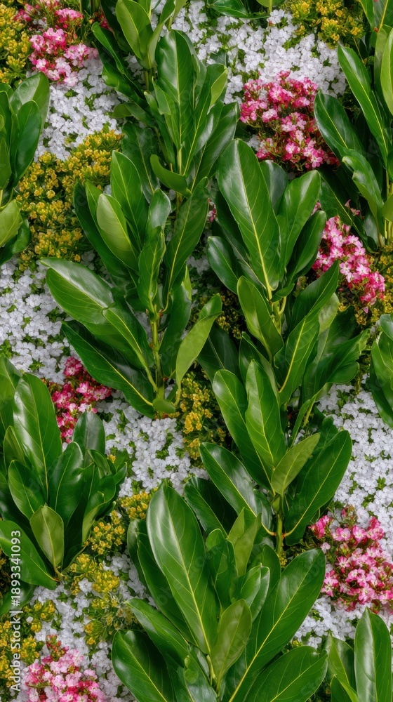 Fototapeta premium Lush Garden Plant Composition with Blooming Green Leaves and Pink Flowers for Landscaping Design and Outdoor Gardening Decoration Isolated on White Background