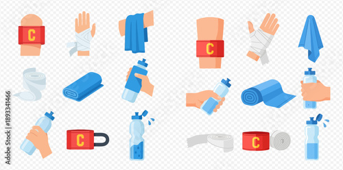 Set of sports and fitness accessories including water bottles, towels, and bandages for workouts.
