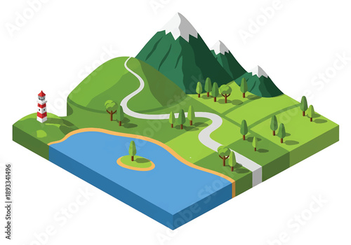 Isometric 3D view illustration of a New Zealand-inspired coastal mountain landscape with green hills, lakes, winding roads, and wide open countryside scenery