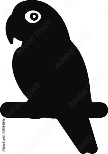 Black Parrot Silhouette Icon Vector, Minimal black parrot silhouette sitting on a perch, flat icon style, suitable for logos, wildlife symbols, tropical or exotic design concepts.

