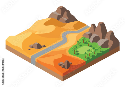 Isometric 3D view illustration of a Sahara-inspired desert landscape with sand dunes, rocky hills, oasis palms, and long roads crossing arid terrain