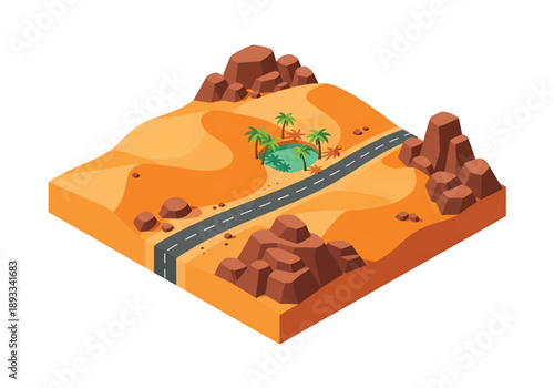 Isometric 3D view illustration of a Sahara-inspired desert landscape with sand dunes, rocky hills, oasis palms, and long roads crossing arid terrain