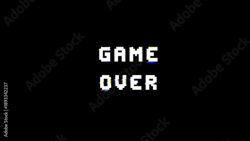 Classic retro pixel “Game Over” text animation featuring a digital glitch effect, isolated on a transparent background. Rendered in 4K with alpha channel