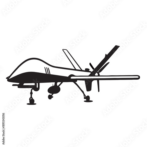 Military Combat Drone UAV Silhouette Black and White Vector Isolated on White Background