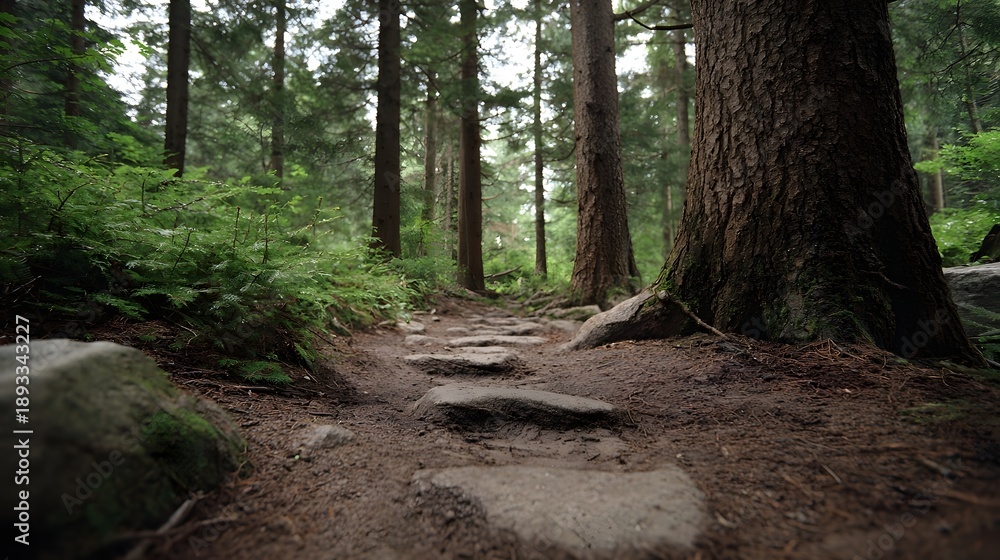 Obraz premium A stone pathway winds through a verdant forest bordered by lush green foliage and towering trees