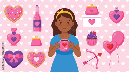 Woman Celebrating Valentine s Day with Gifts and Treats