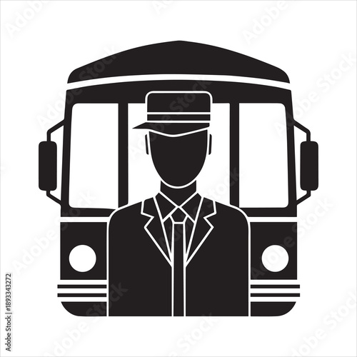 Black bus driver in uniform in front of bus silhouette