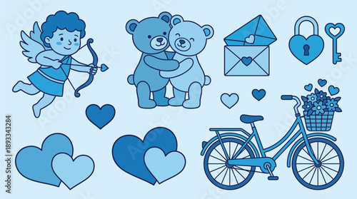 Valentine s Day Symbols in Blue Monochrome