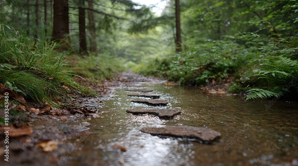 Obraz premium A serene forest path with stepping stones crossing a shallow wet stream in lush greenery