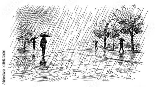 People with Umbrellas Walking on Wet Pavement in a Cityscape, Sketch Illustration, Moody Atmosphere