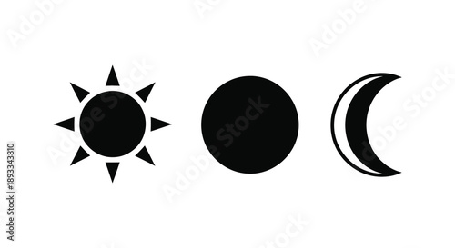 A simple graphic displays a sun a full moon and a crescent moon in a row high quality