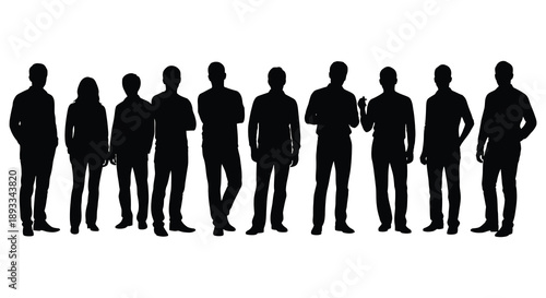A line of ten silhouetted figures appearing as people standing in a row against a white backdrop
