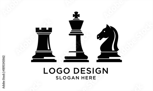 Black Chess Pieces Logo Design with King, Rook, and Knight Silhouettes.