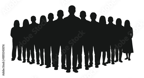 A stark silhouette depicts a large group of people standing closely together in a circular formation high quality