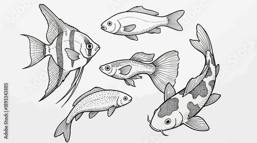 Artistic Illustration, Various Fish Species, Aquatic Environment, Digital Art, Underwater Scene, Creative Perspective