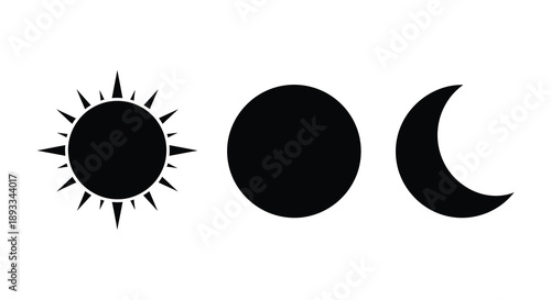 A simple graphic depicts three celestial bodies a sun a full moon and a crescent moon all in black