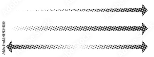 Set of long black arrow symbols with halftone, pixel or grain texture isolated on white background. Direction, motion or forward signs with a faded polka dot pattern. Vector graphic illustrations.