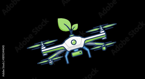 Eco friendly drone with green leaf on black background symbolizing sustainable technology and innovation