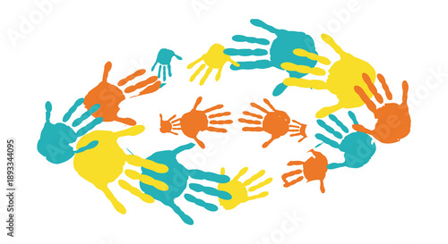 A vibrant circular arrangement of colorful handprints conveys unity diversity and collaboration in a visually striking design