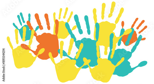 A vibrant collection of colorful handprints in shades of yellow orange and teal creates a playful artistic display