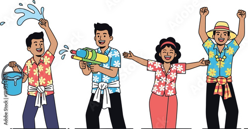 Joyful group of friends celebrating a vibrant water festival, splashing and having fun in colorful traditional attire.