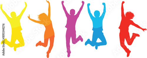 Jumping silhouettes, colorful figures, joyful motion, celebration pose, youth energy, freedom, happiness, vibrant vector, dynamic people, white background