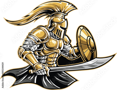Ancient warrior illustration, gladiator armor, golden helmet, curved sword, round shield, historical combat, heroic figure, vector art, battle stance