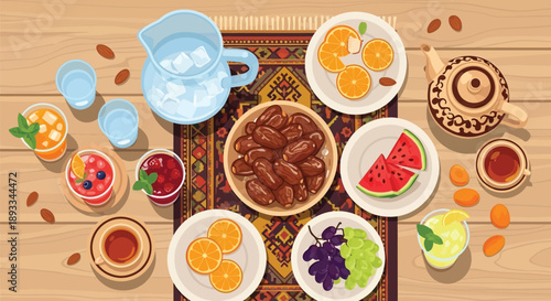 Overhead view of traditional iftar spread featuring assorted fresh fruits nuts and sweet beverages laid out on a wooden table