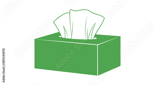 A simple green illustration depicts a rectangular tissue box with white tissues protruding from the opening high quality