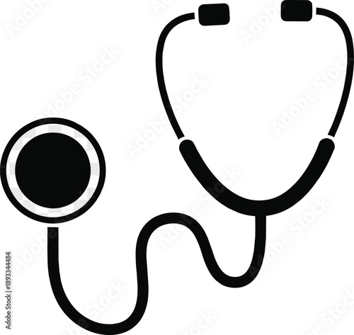 Black and white stethoscope illustration, medical equipment vector, healthcare symbol, diagnostic tool, doctor instrument, clinical icon, anatomy concept, medicine