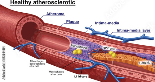 Atherosclerosis diagram, blood vessel anatomy, plaque buildup, lipid core, foam cells, macrophages, cardiovascular disease, medical illustration, artery cross-section, health education