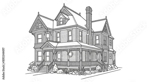 Historic Victorian House Drawing, Architectural Illustration, Classic Design, Artistic Perspective, Detailed Features