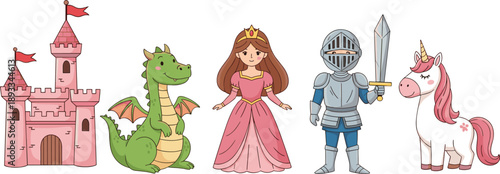 Cartoon fantasy character set, pink castle, friendly dragon, princess, knight, unicorn, fairy tale icons, vector illustration, magical theme