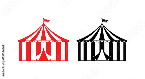 A striking graphic depicts two circus tents one red and white striped the other black and white side by side