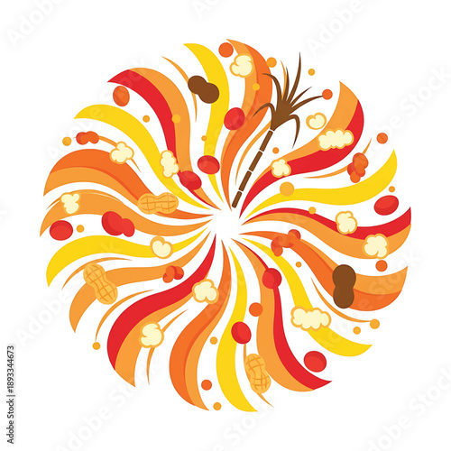Vibrant abstract floral vector design featuring a colorful swirl pattern with orange sun elements and tribal nature ornaments in a decorative rainbow illustration