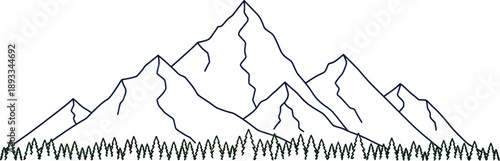 Stylized illustration of a majestic snowcapped mountain range rising above a dense line of evergreen forest trees in a minimalist graphic design style