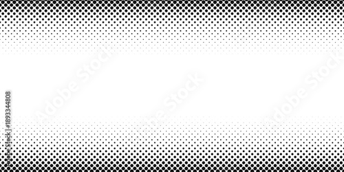 Top and bottom borders with faded halftoned effect and empty space in center. Polka dot pattern. Wallpaper with noise, grain, pixel or bitmap texture. Comic book template. Vector graphic illustration.