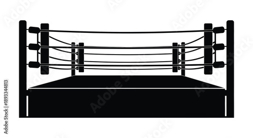 A stark black and white illustration depicts a professional wrestling ring showcasing its ropes posts and platform high quality detailed