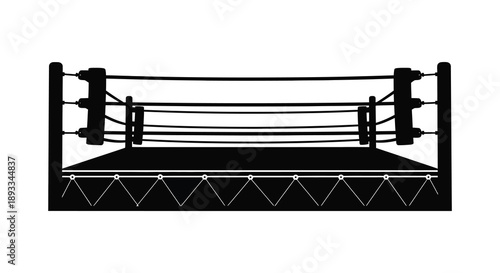 A stark black and white illustration depicts a professional wrestling ring with ropes and corner posts high quality