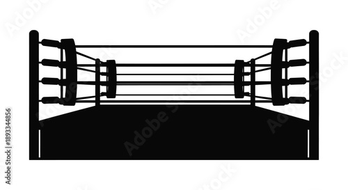 A stark black and white illustration depicts a boxing ring showcasing the ropes and corner posts devoid of fighters