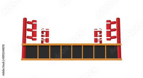 An isolated illustration depicts a professional wrestling ring with red corner posts white ropes and a dark base