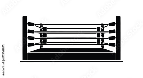 A stark black and white illustration depicts a boxing ring showcasing its ropes posts and platform high quality