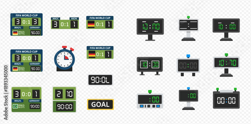 Football and Soccer Scoreboard Elements, Timer, and Goal Sign Vector Set.