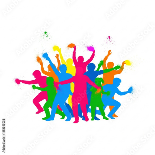 Vibrant silhouettes of dancing people in various poses and colors, celebrating together with dynamic movements and energetic gestures