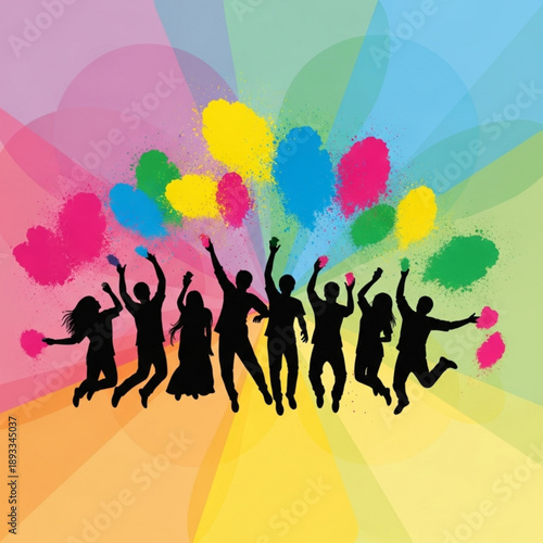 Group of people celebrating with colorful balloons in a vibrant environment from a front viewpoint